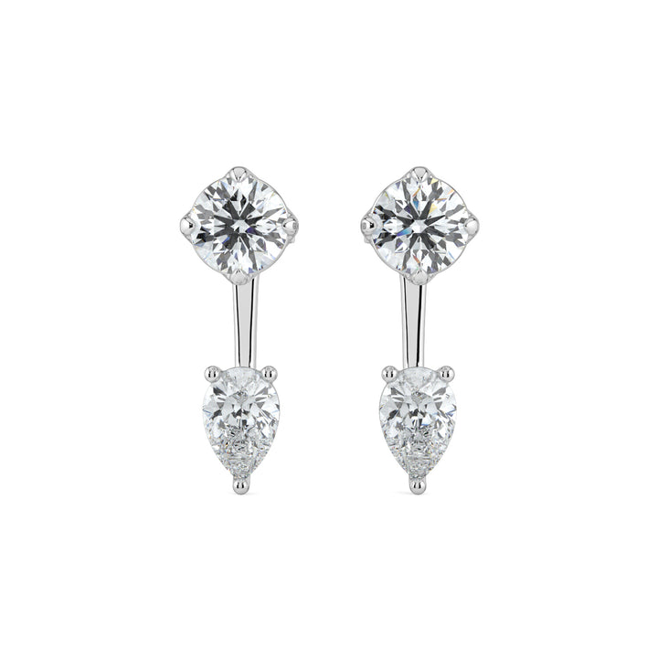 Round Pear Dual-Diamond Drop 18K White Gold Earring